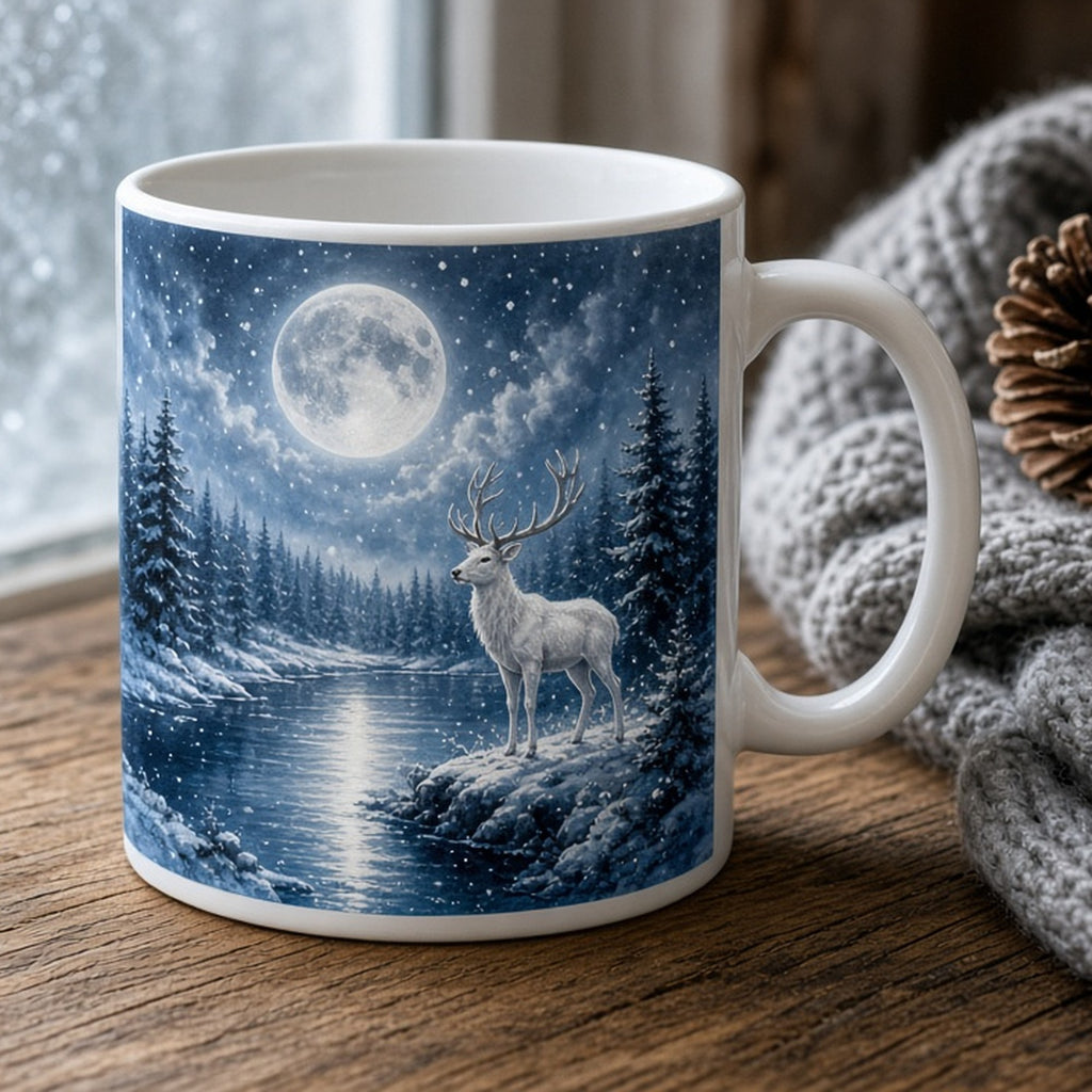 Winter moonlit forest with a white stag beside a frozen lake printed flat on a mug, made with prompt #84