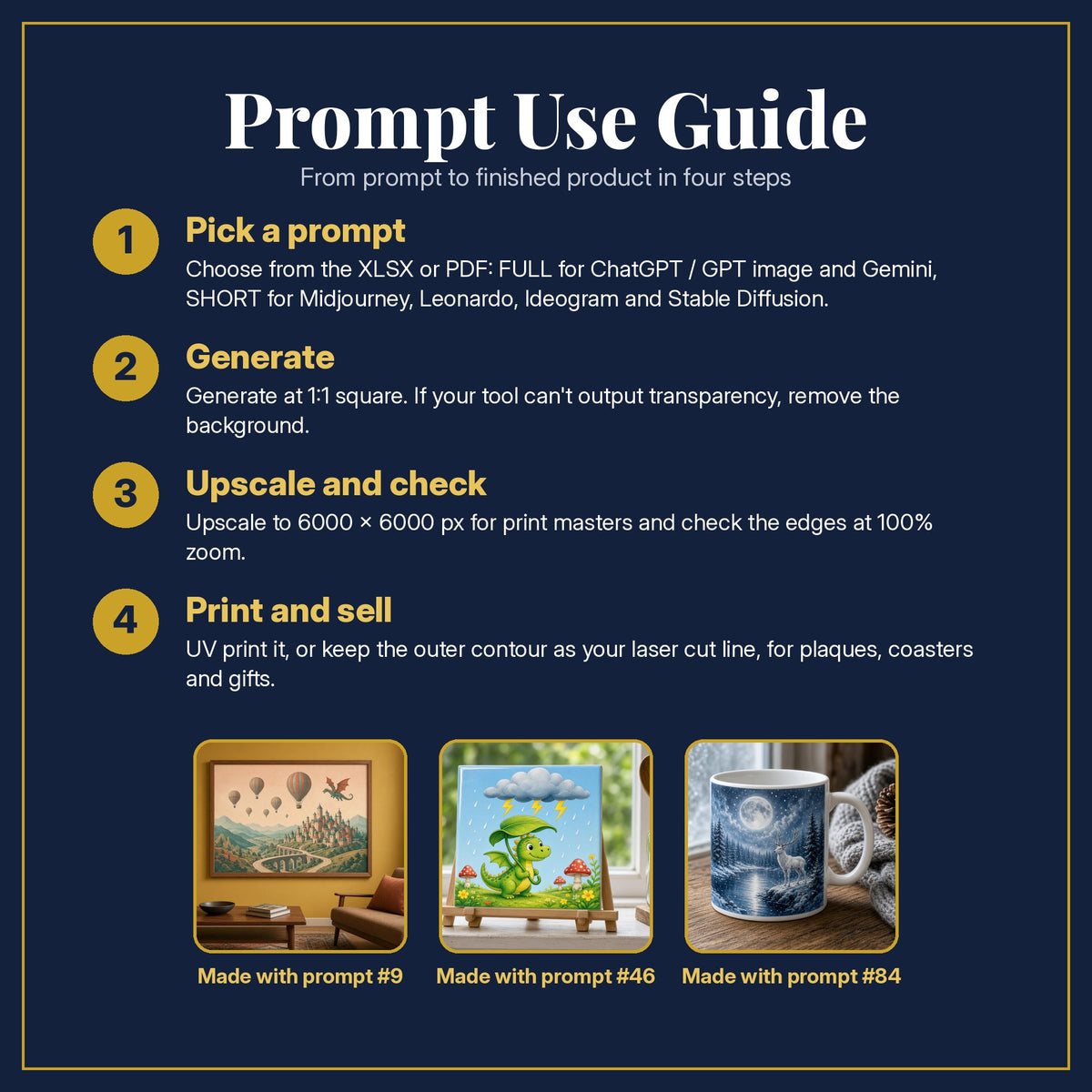 Prompt Use Guide for the Epic Fantasy, Vintage & Whimsical Collection: pick a prompt, generate, upscale and check, print and sell, with sample products made with the pack's prompts
