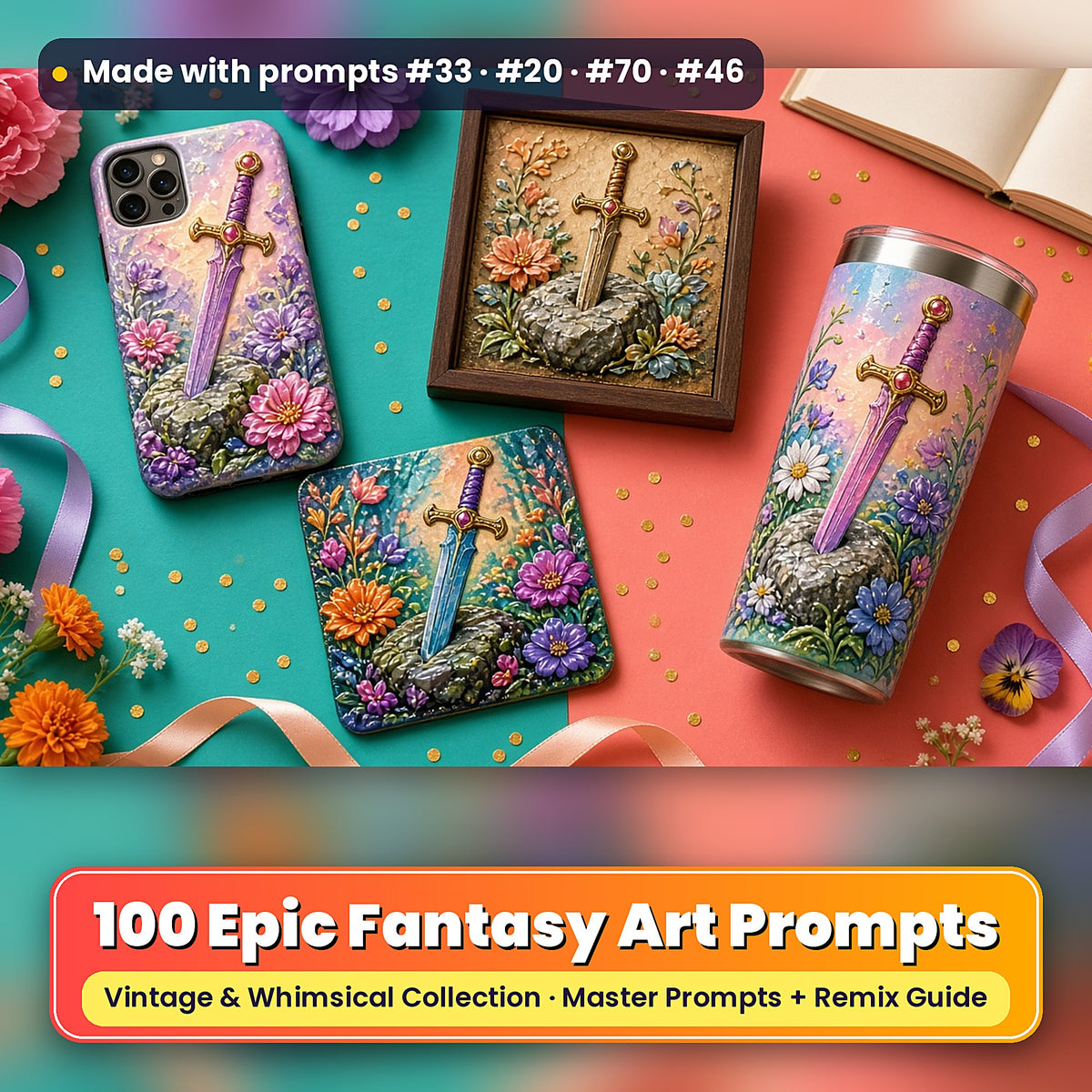 Epic Fantasy, Vintage & Whimsical Collection: realistic UV-printed mockup, made with prompts #33 · #20 · #70 · #46