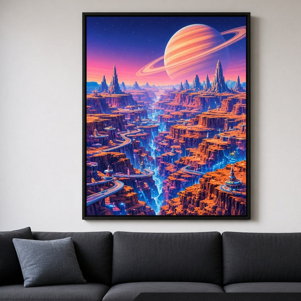 Bold colour alien canyon world with glowing hover-tracks beneath a ringed planet printed flat on a framed print in a living room, made with prompt #9