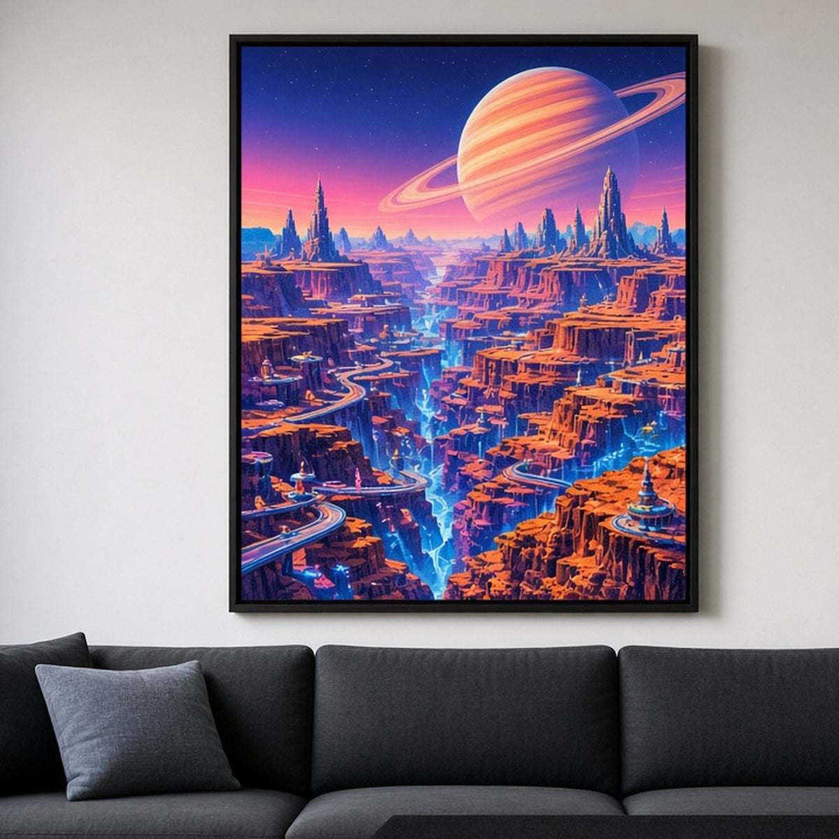 Bold colour alien canyon world with glowing hover-tracks beneath a ringed planet printed flat on a framed print in a living room, made with prompt #9