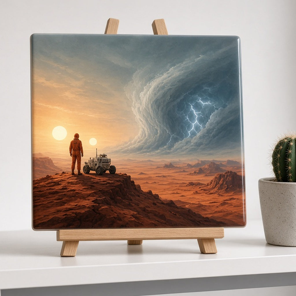 Cinematic pilot and rover on a red desert ridge as a lightning dust storm approaches printed flat on a ceramic tile, made with prompt #46