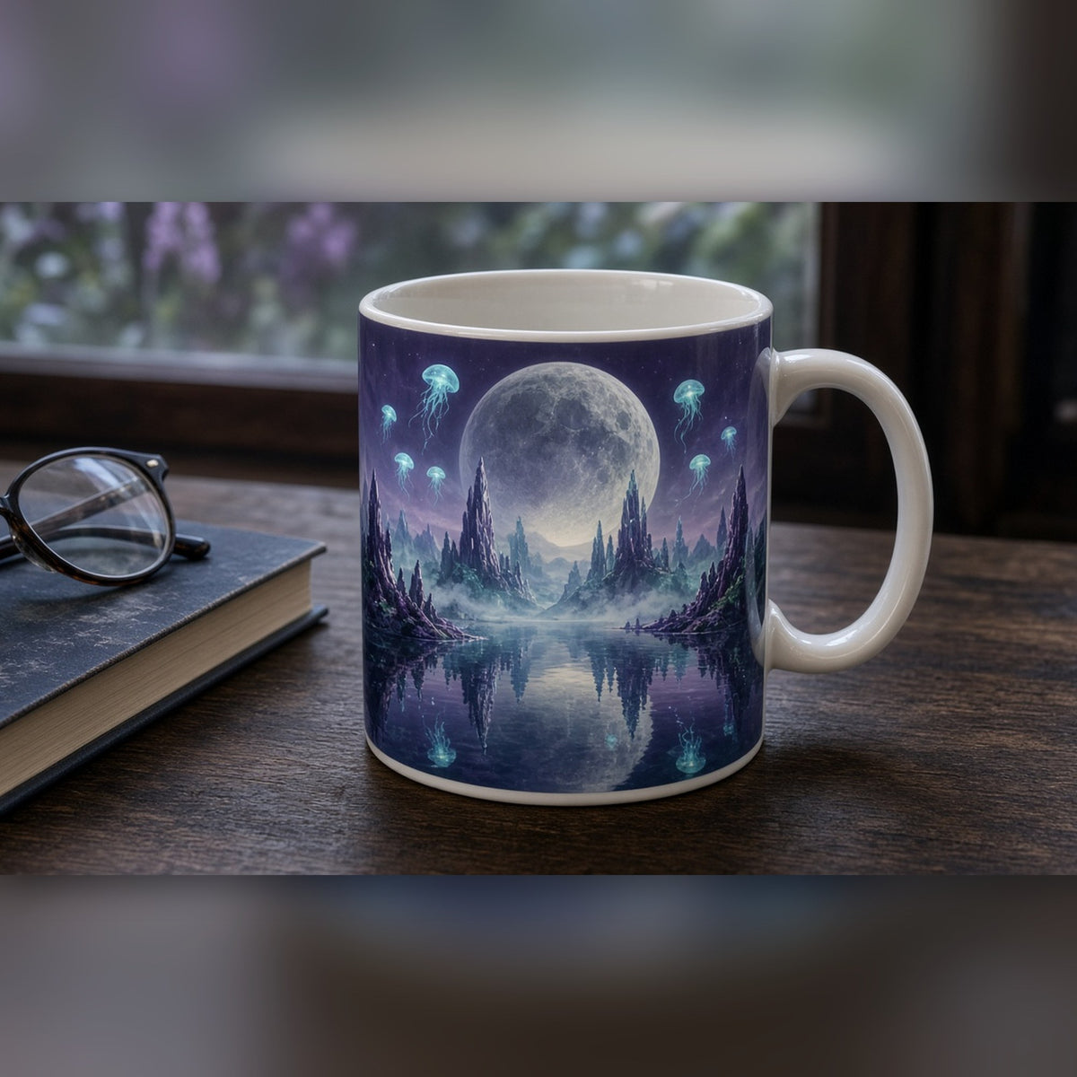 Giant moon over a misty alien lake with crystal spires and glowing jellyfish lights printed flat on a mug, made with prompt #84