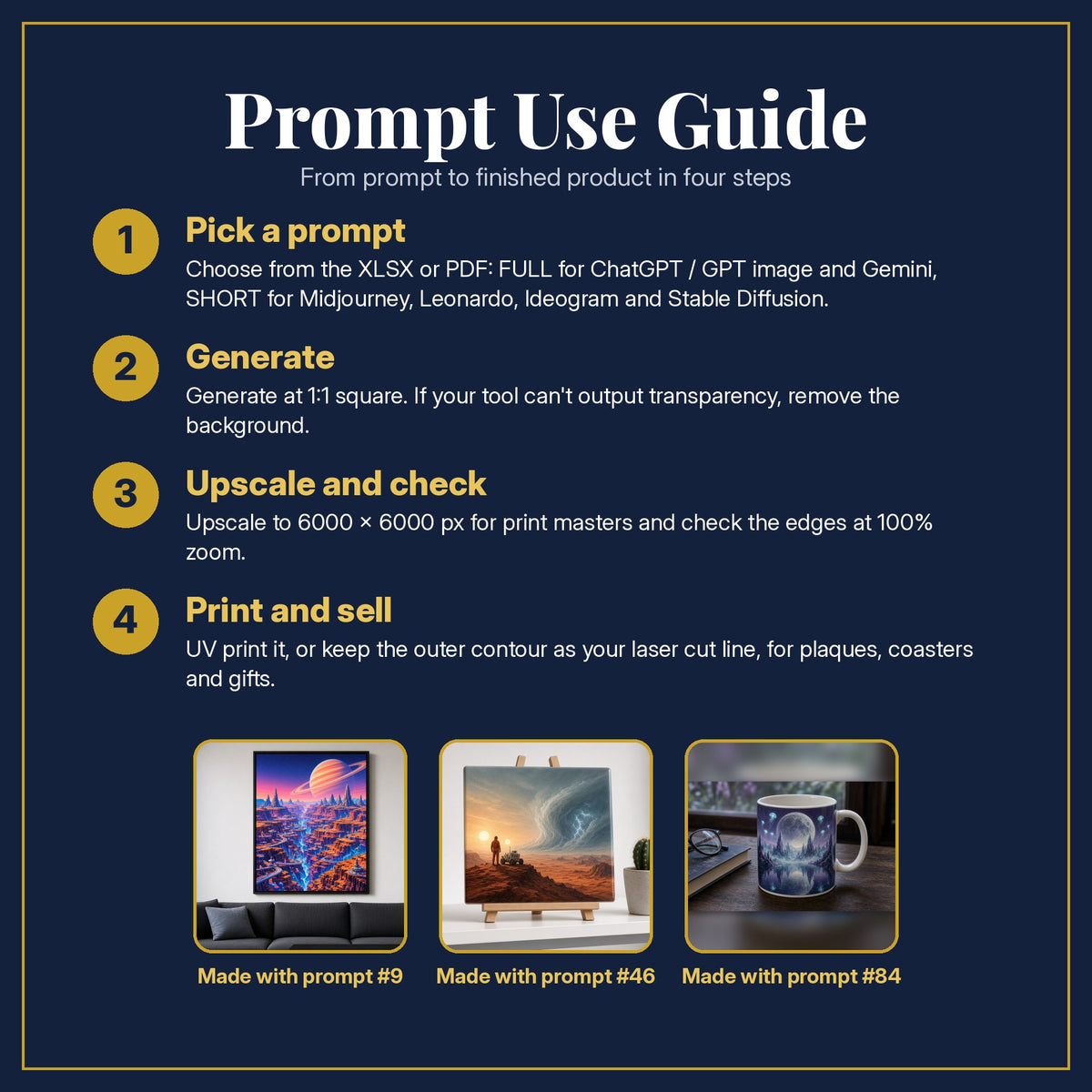 Prompt Use Guide for the Science Fiction, Cinematic & Bold Collection: pick a prompt, generate, upscale and check, print and sell, with sample products made with the pack's prompts