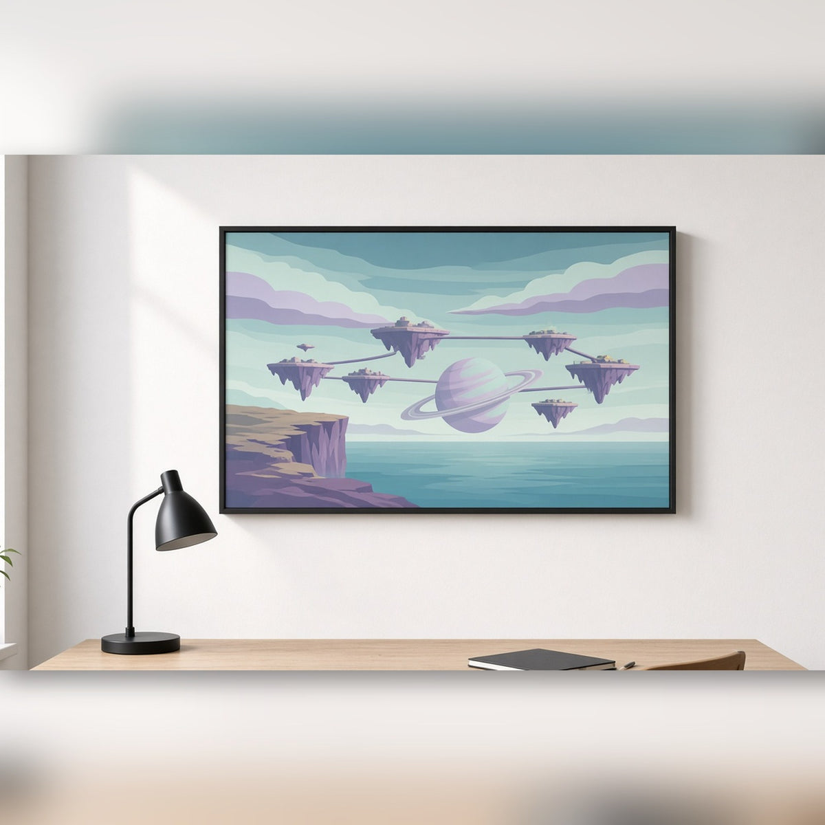 Modern minimal ocean planet with floating sky platforms linked by bridges and a ringed planet printed flat on a framed print in a home office, made with prompt #9
