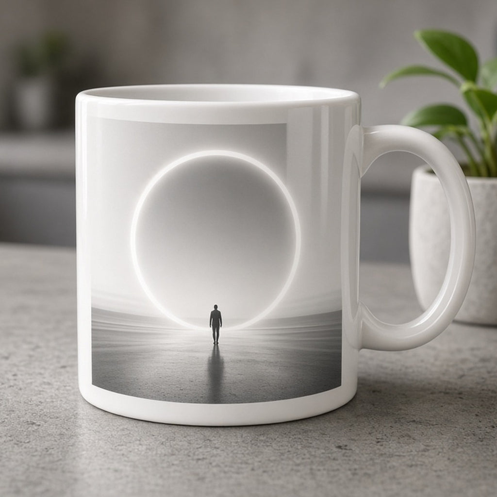 Monochrome glowing ring portal on a smooth plain with a lone figure walking towards it printed flat on a mug, made with prompt #21