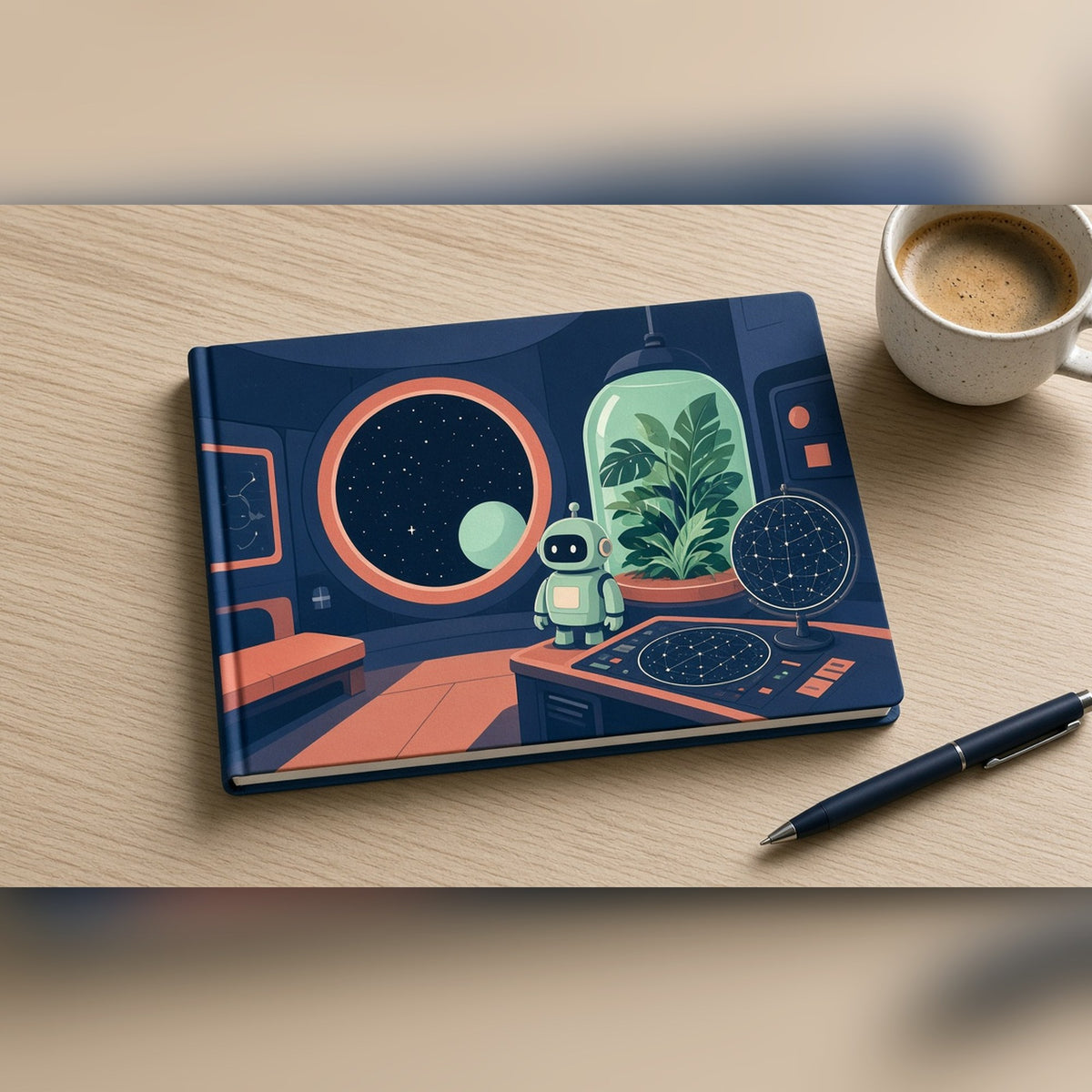 Minimal hidden starship room with a round star window, plant terrarium and small robot printed flat on a notebook, made with prompt #2