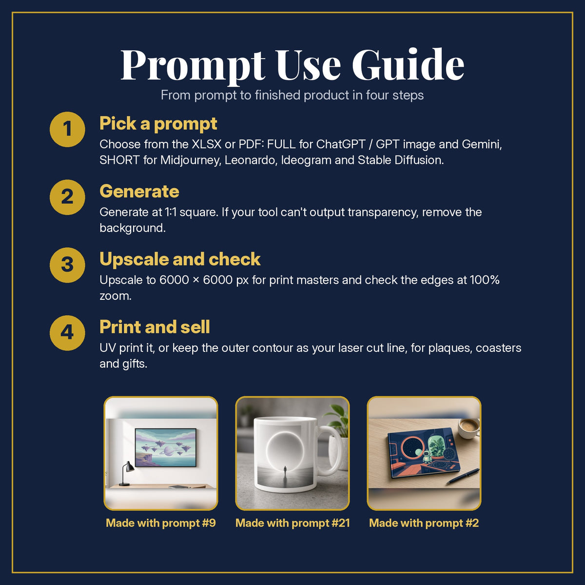 Prompt Use Guide for the Science Fiction, Clean & Graphic Collection: pick a prompt, generate, upscale and check, print and sell, with sample products made with the pack's prompts