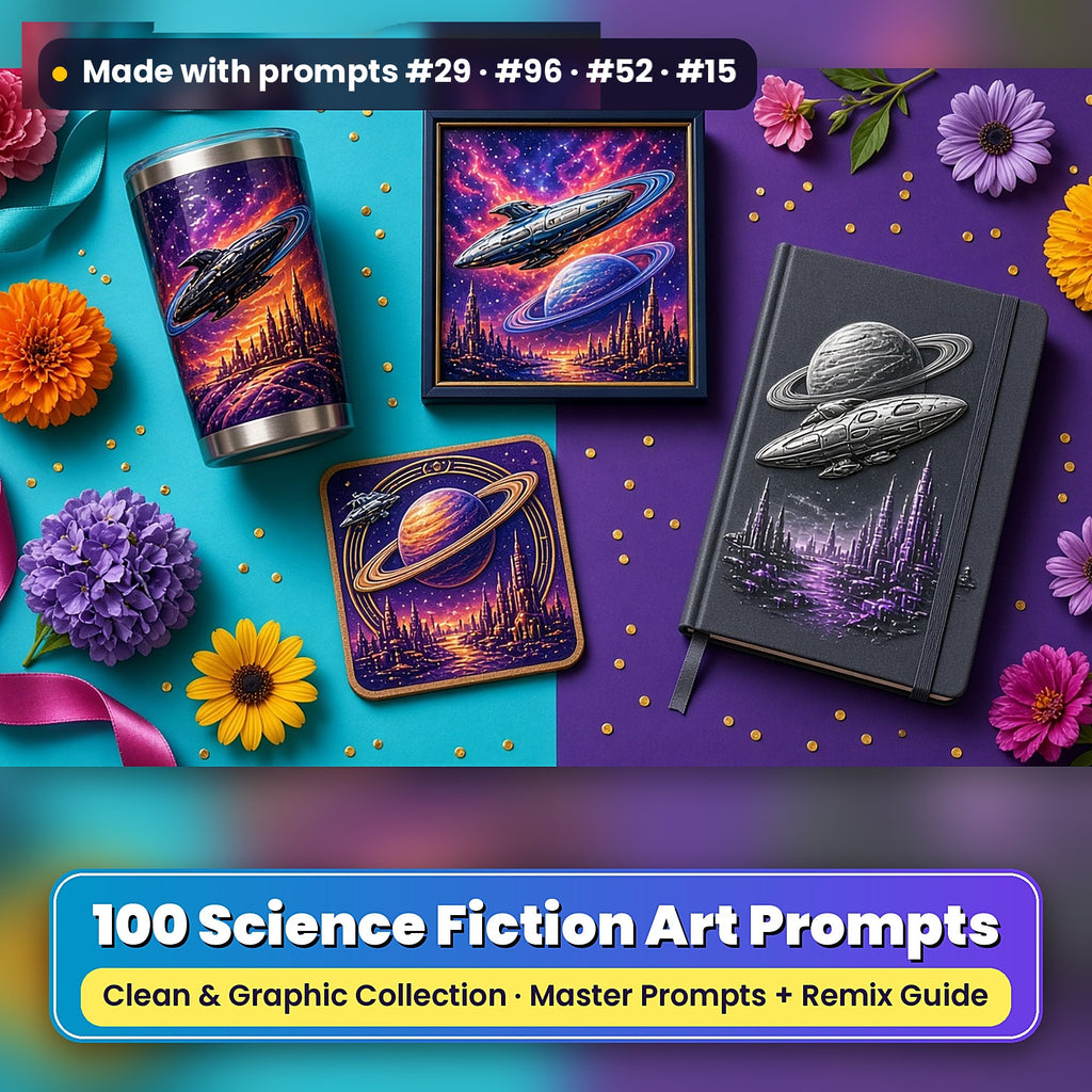 Science Fiction, Clean & Graphic Collection: Made with prompts #29 · #96 · #52 · #15 – realistic UV-printed mockup