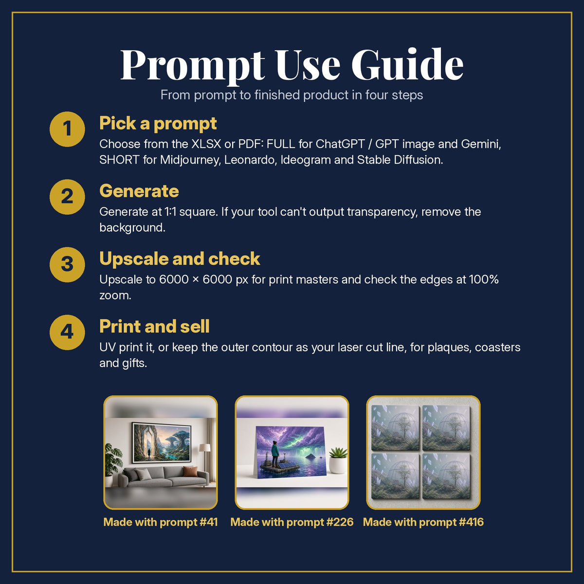 Prompt Use Guide for the Science Fiction Complete Library: pick a prompt, generate, upscale and check, print and sell, with sample products made with the pack's prompts