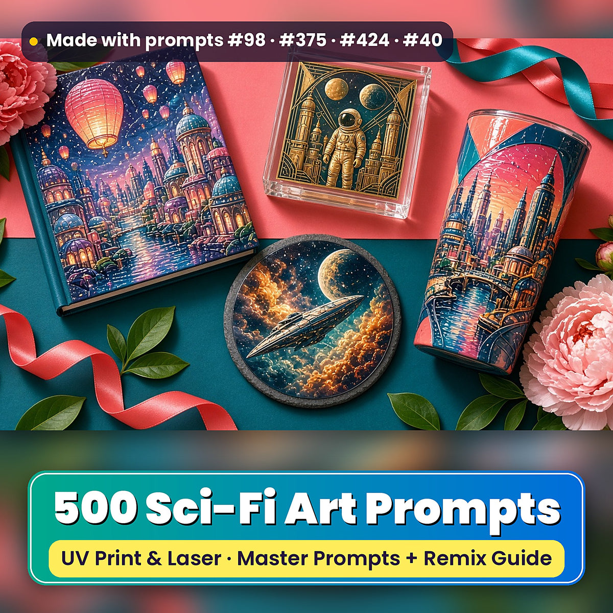 500 Sci-Fi Art Prompts Library: Made with prompts #98 · #375 · #424 · #40 – realistic UV-printed mockup