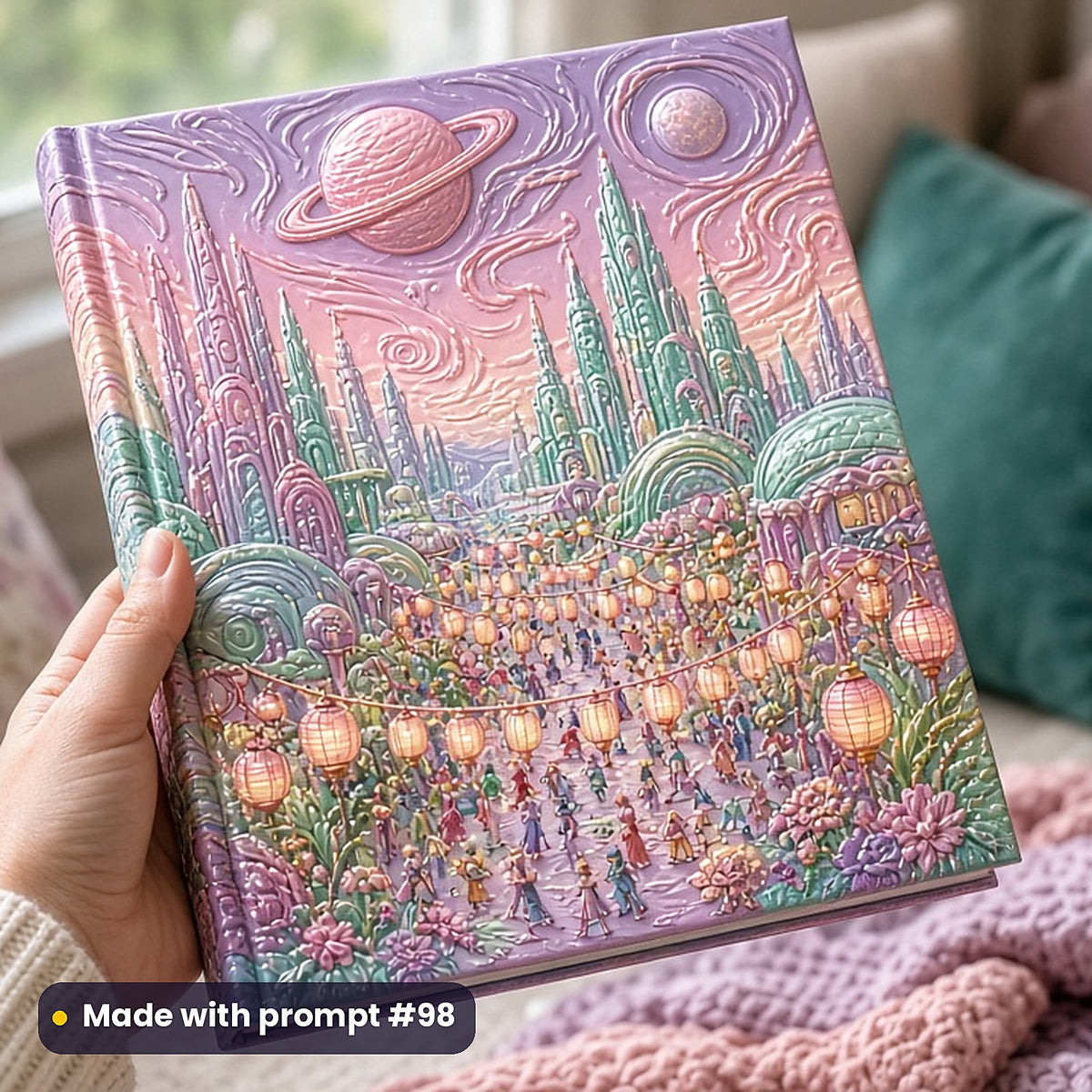 500 Sci-Fi Art Prompts Library: Made with prompt #98 – realistic UV-printed mockup (Soft Pastel — Festival or Gathering)