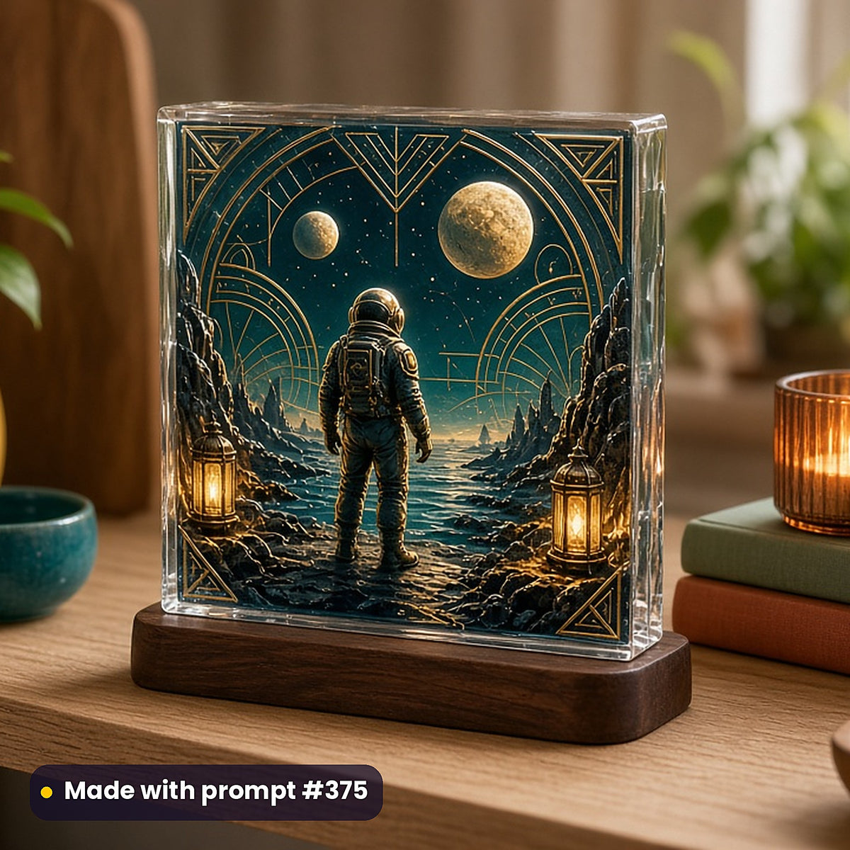 500 Sci-Fi Art Prompts Library: Made with prompt #375 – realistic UV-printed mockup (Art Deco — Fire and Light)
