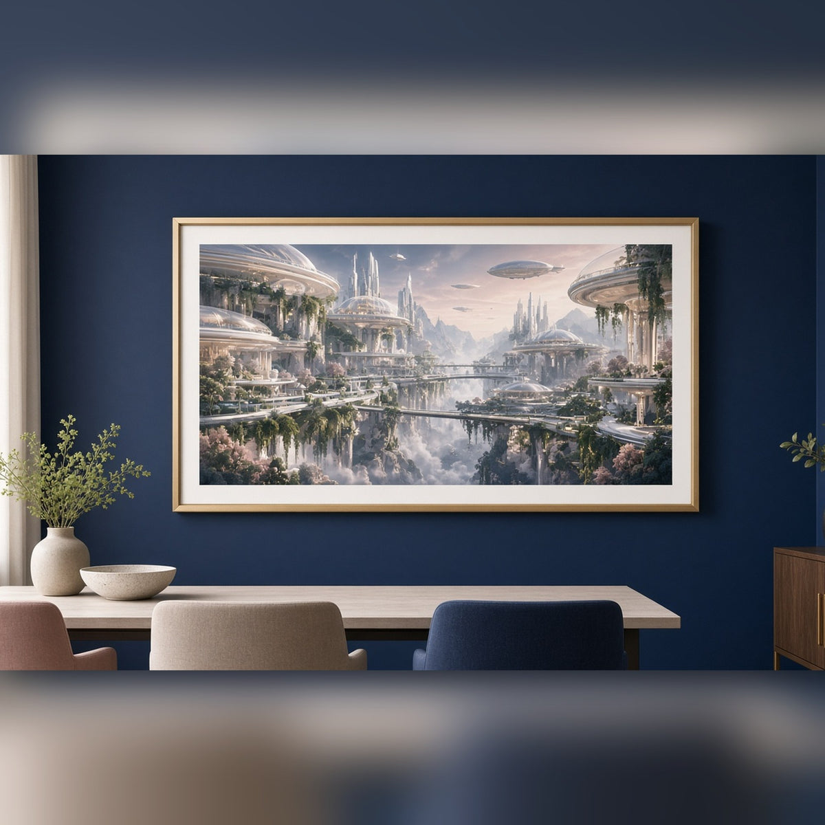 Luxury future city of curved white terraces, hanging gardens and glass walkways above a misty canyon printed flat on a framed print in a dining room, made with prompt #9