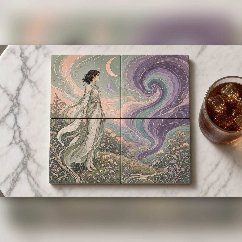 Art nouveau explorer on an alien meadow as a swirling violet storm approaches printed flat on a set of four coasters, made with prompt #46