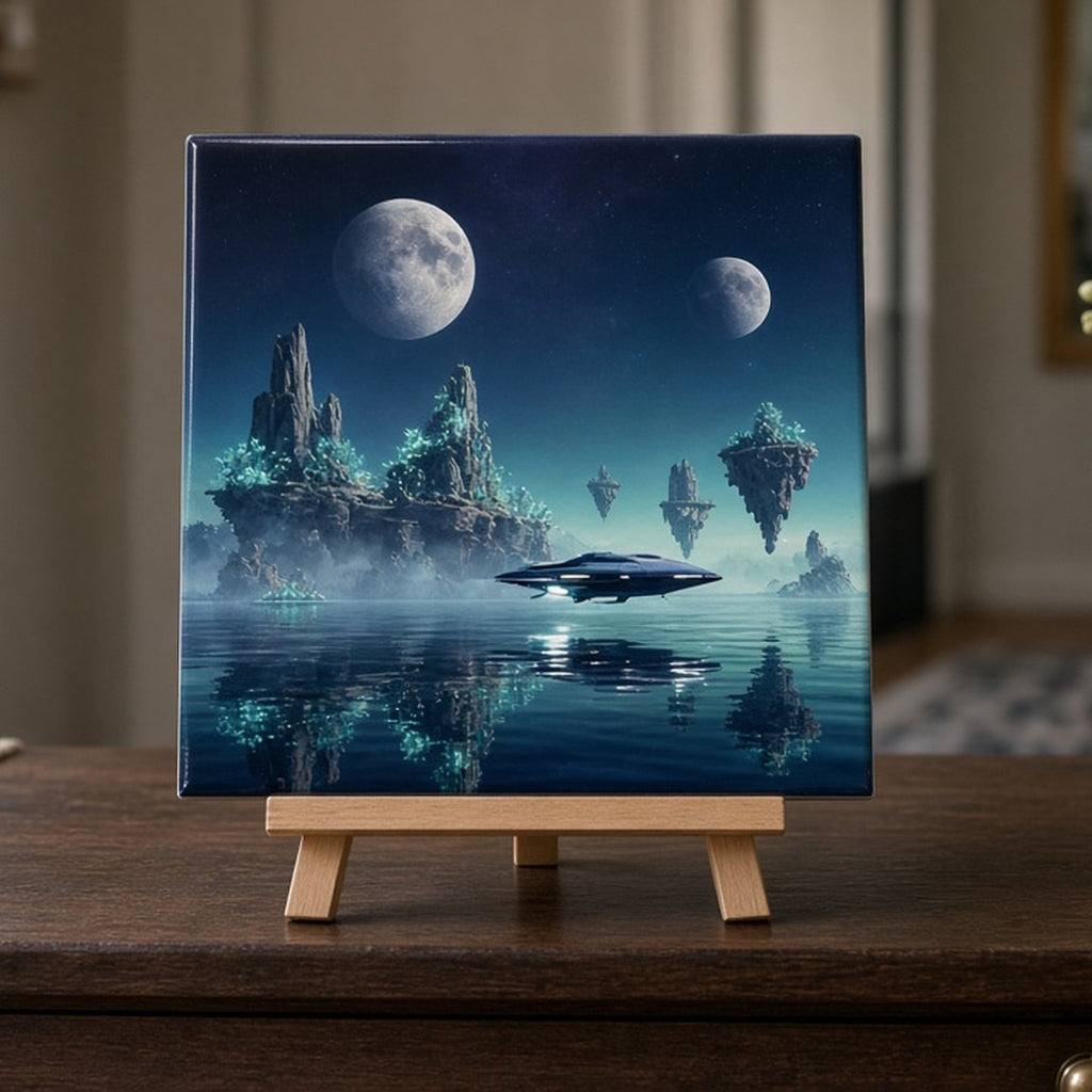 Two moons over a silver alien sea with floating rock islands and a small spaceship printed flat on a ceramic tile, made with prompt #84