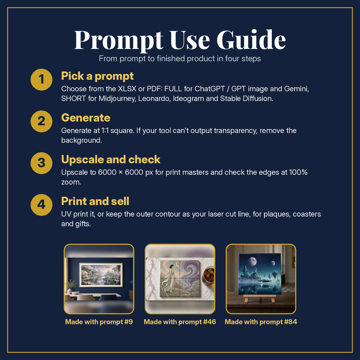 Prompt Use Guide for the Science Fiction, Luxury & Decorative Collection: pick a prompt, generate, upscale and check, print and sell, with sample products made with the pack's prompts