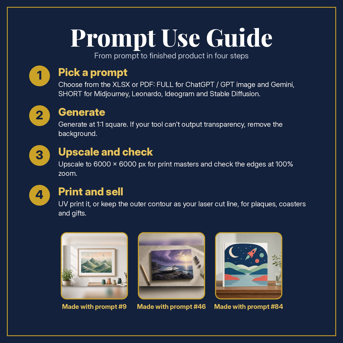 Prompt Use Guide for the Science Fiction, Painterly & Handmade Collection: pick a prompt, generate, upscale and check, print and sell, with sample products made with the pack's prompts