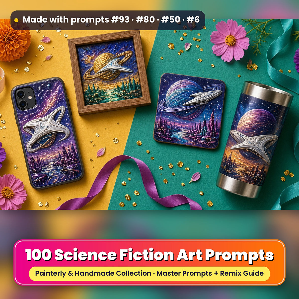 Science Fiction, Painterly & Handmade Collection: realistic UV-printed mockup, made with prompts #93 · #80 · #50 · #6