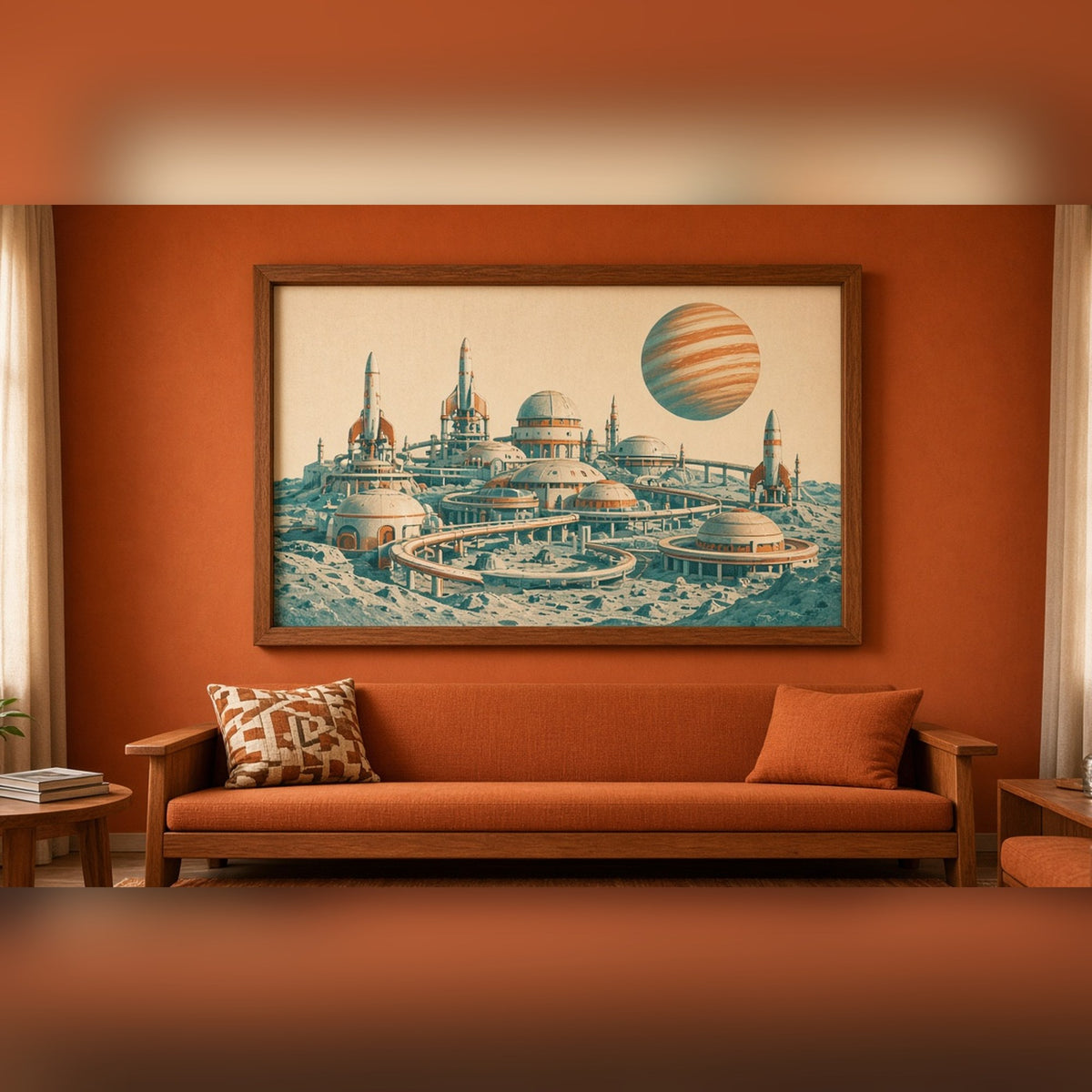 Vintage retro moon colony of domes, looping walkways and rockets under a striped planet printed flat on a framed print in a lounge, made with prompt #9