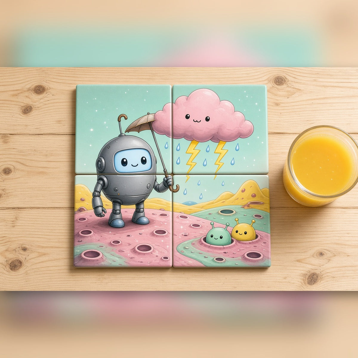 Playful robot with a tiny umbrella under a smiling storm cloud on a candy-coloured planet printed flat on a set of four coasters, made with prompt #46