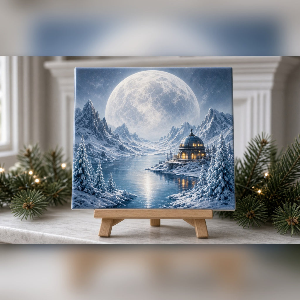 Winter alien valley under a giant moon with a glowing observatory dome and frozen lake printed flat on a ceramic tile, made with prompt #84