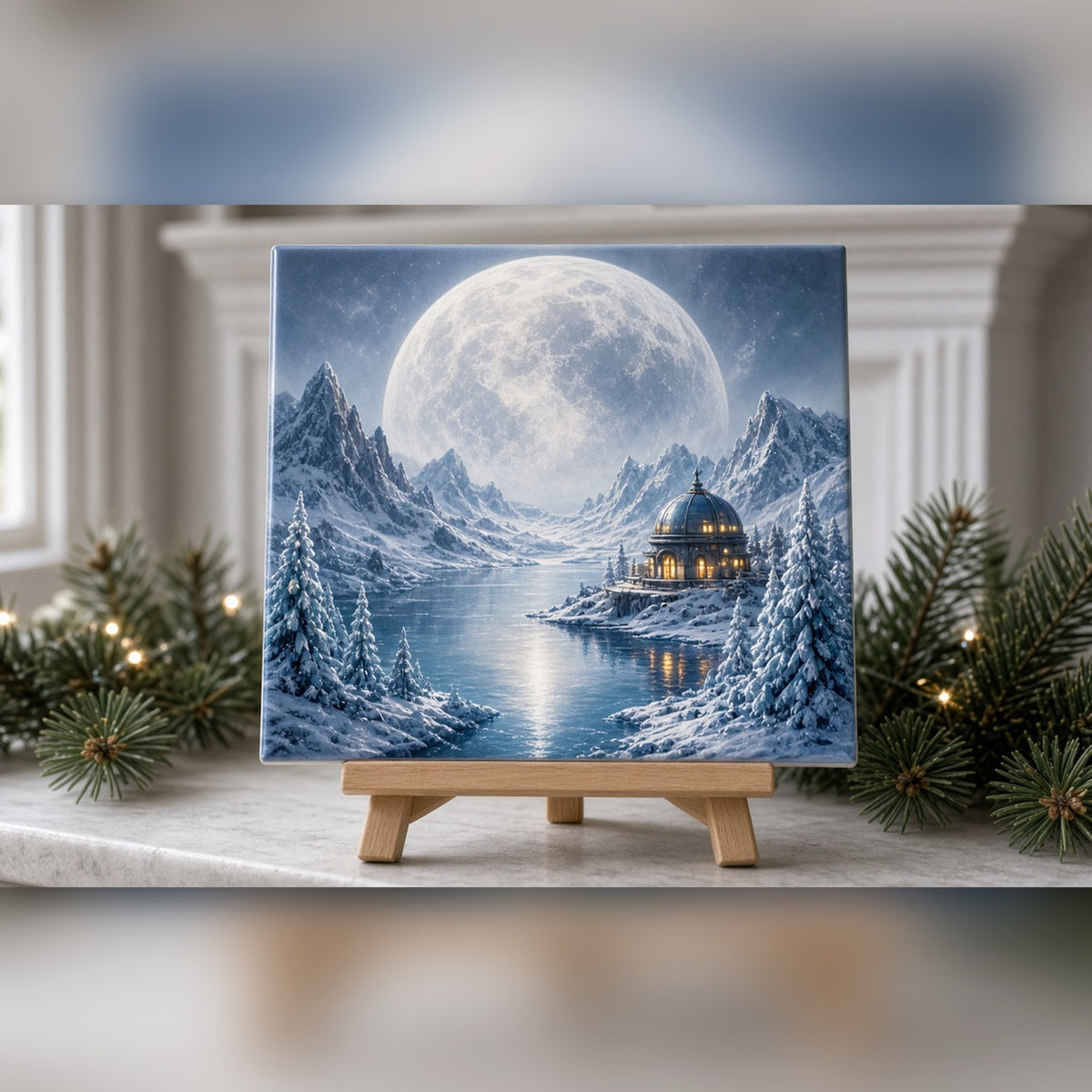 Winter alien valley under a giant moon with a glowing observatory dome and frozen lake printed flat on a ceramic tile, made with prompt #84