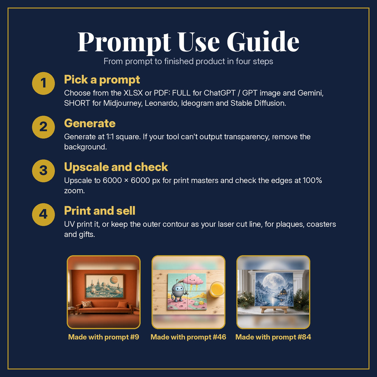 Prompt Use Guide for the Science Fiction, Vintage & Whimsical Collection: pick a prompt, generate, upscale and check, print and sell, with sample products made with the pack's prompts