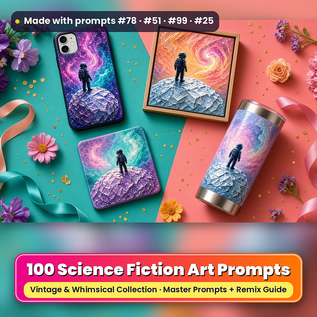 Science Fiction, Vintage & Whimsical Collection: realistic UV-printed mockup, made with prompts #78 · #51 · #99 · #25