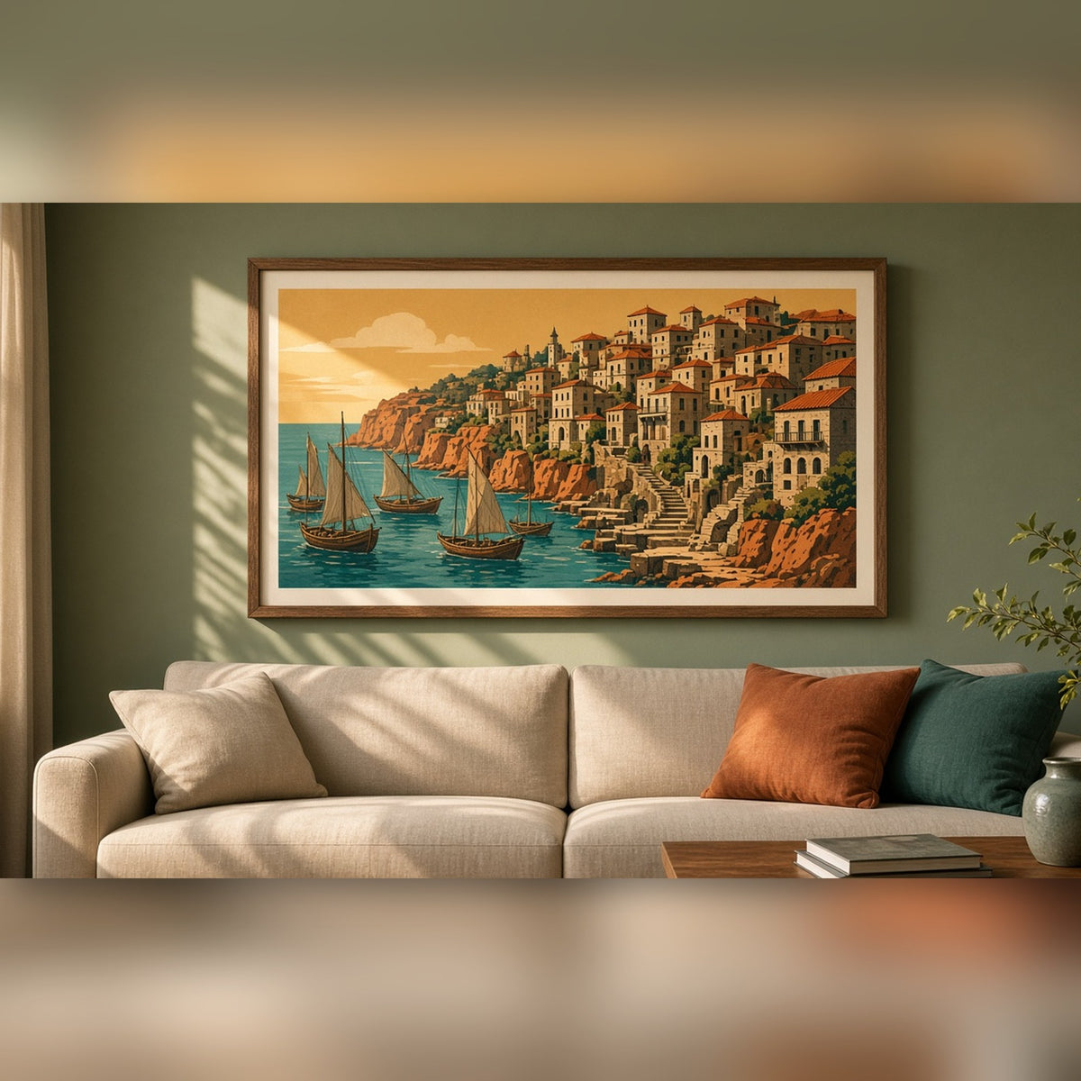 Bold colour panoramic old harbour town on terraced cliffs with sailing boats printed flat on a framed print in a living room, made with prompt #9