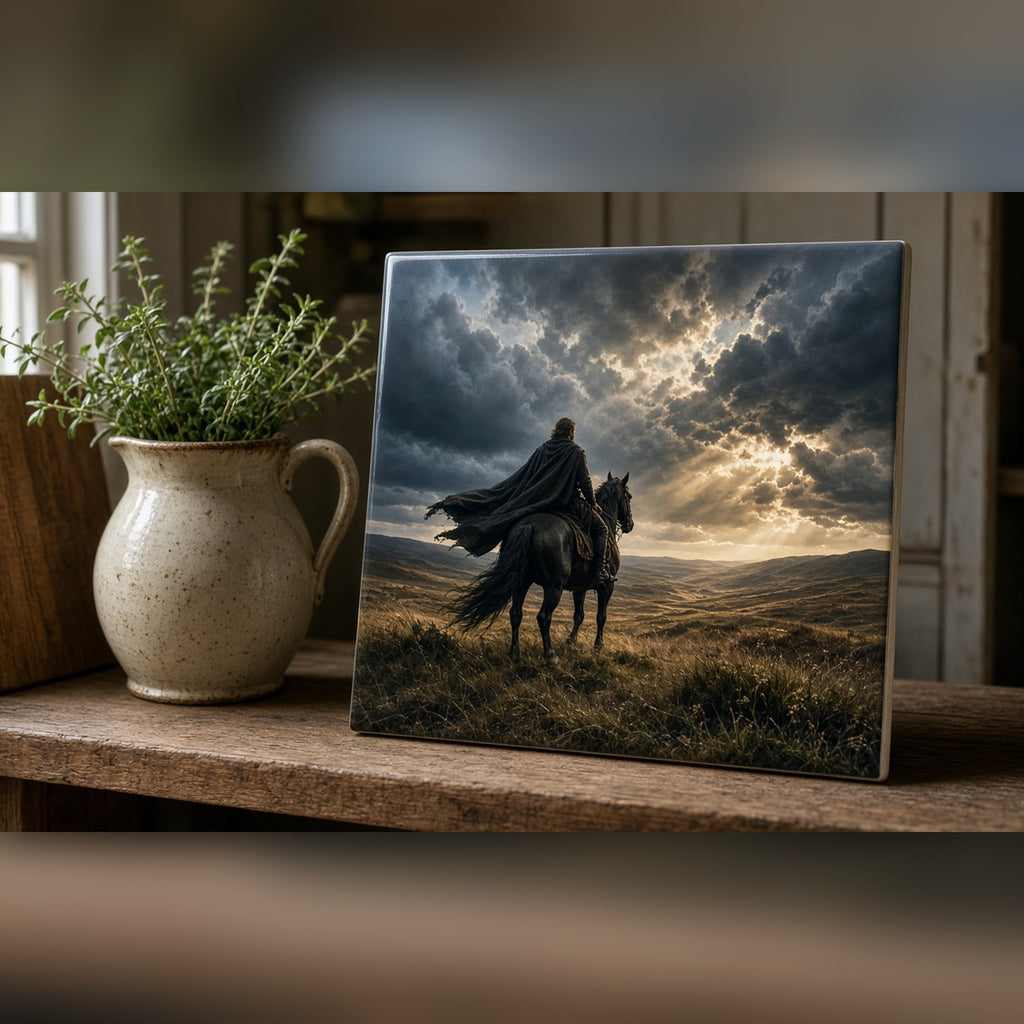 Cloaked rider on horseback on a windswept moor as a storm approaches printed flat on a ceramic tile, made with prompt #46