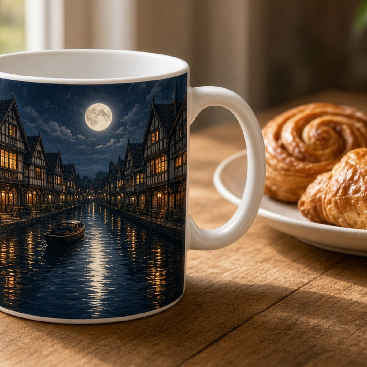 Moonlit old canal lined with timber-framed houses and a small boat printed flat on a mug, made with prompt #84
