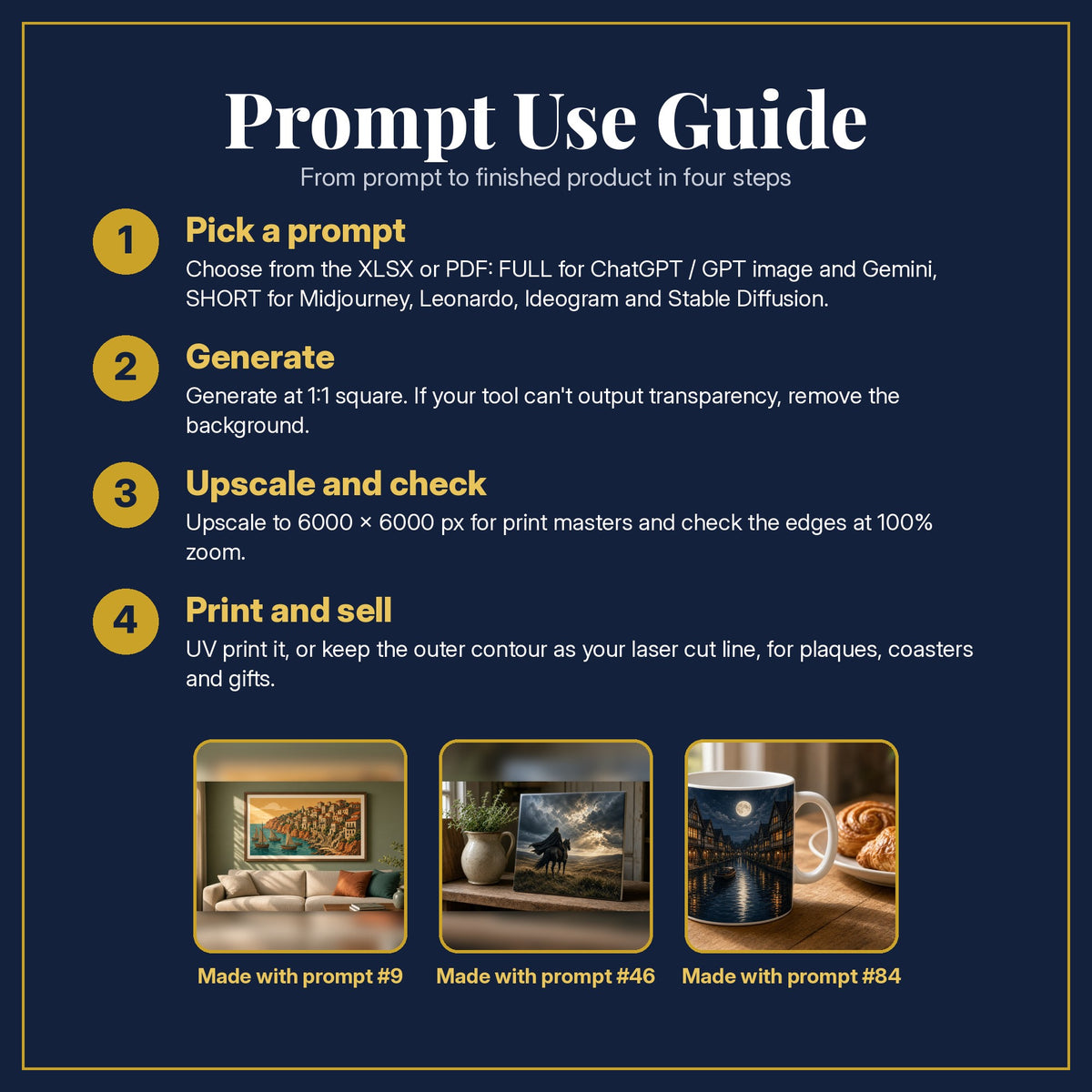 Prompt Use Guide for the Historical Fiction, Cinematic & Bold Collection: pick a prompt, generate, upscale and check, print and sell, with sample products made with the pack's prompts