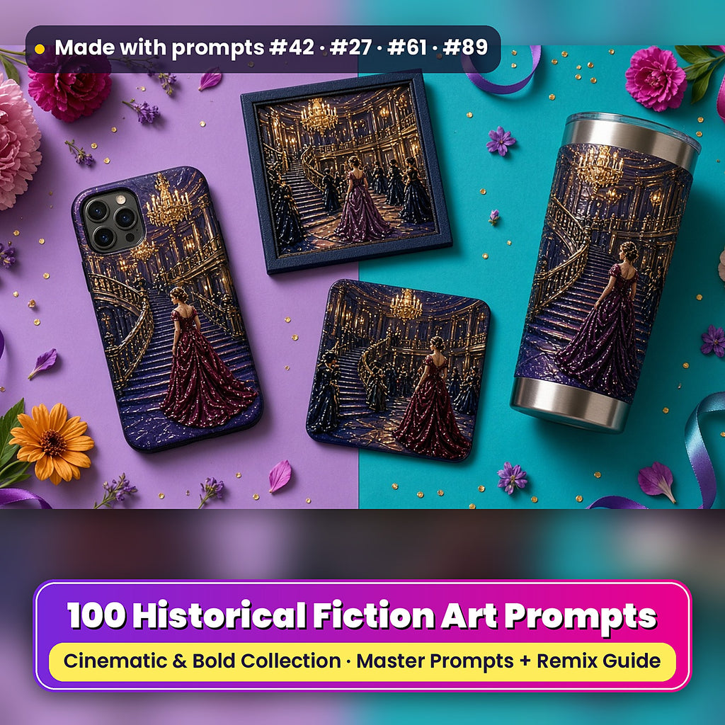 Historical Fiction, Cinematic & Bold Collection: realistic UV-printed mockup, made with prompts #42 · #27 · #61 · #89