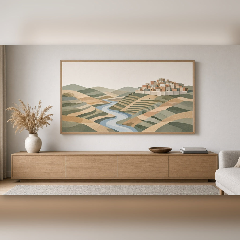 Modern minimal panoramic terraced hills with a winding river and a small walled hill town printed flat on a framed print in a living room, made with prompt #9