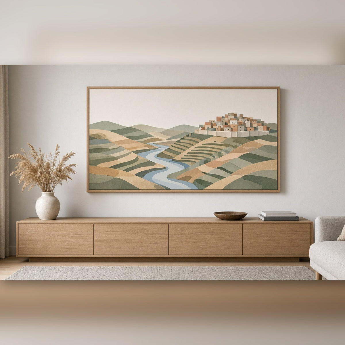 Modern minimal panoramic terraced hills with a winding river and a small walled hill town printed flat on a framed print in a living room, made with prompt #9