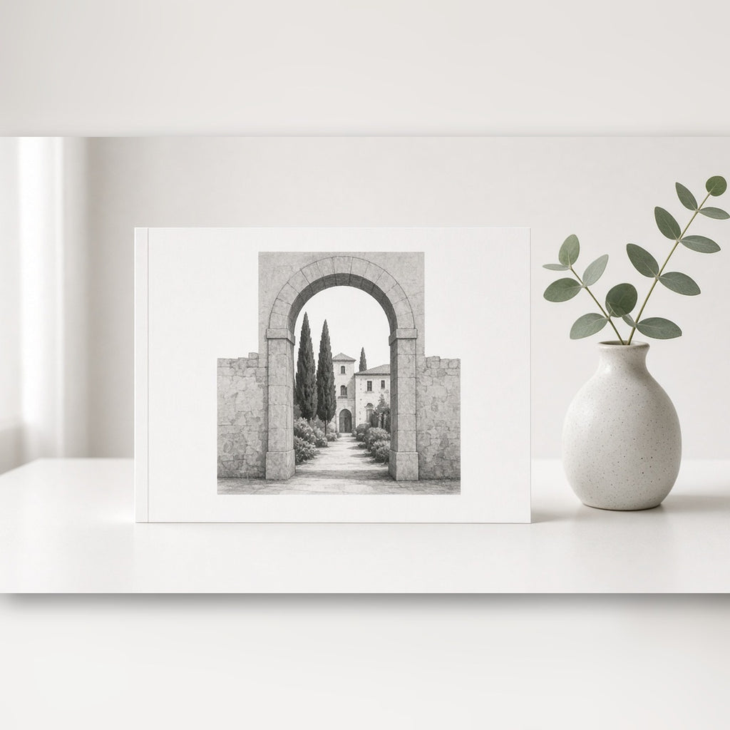 Monochrome stone archway gateway opening onto a cypress-lined historic courtyard printed flat on a greeting card, made with prompt #21