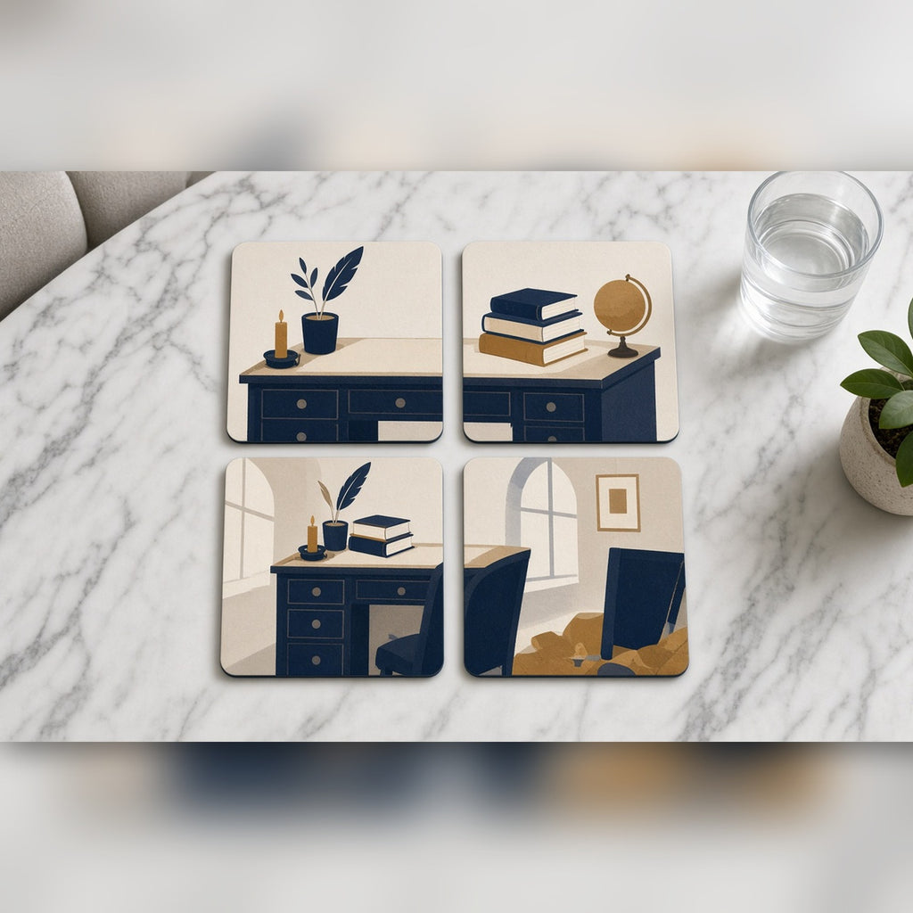 Minimal hidden historical study with a desk, candle, quill, globe and stacked books printed flat on a set of 4 coasters, made with prompt #2
