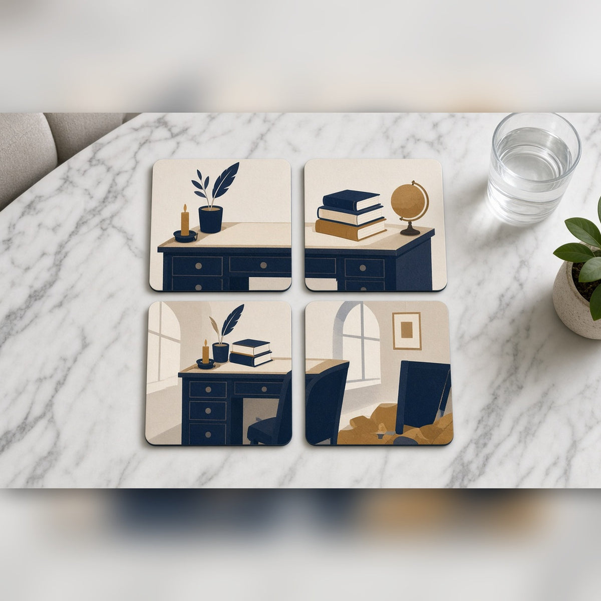 Minimal hidden historical study with a desk, candle, quill, globe and stacked books printed flat on a set of 4 coasters, made with prompt #2