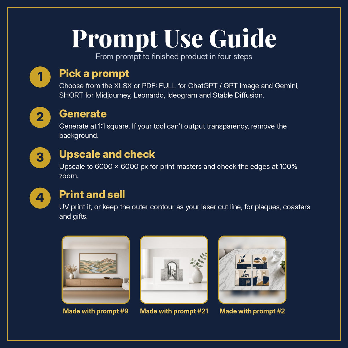 Prompt Use Guide for the Historical Fiction, Clean & Graphic Collection: pick a prompt, generate, upscale and check, print and sell, with sample products made with the pack's prompts