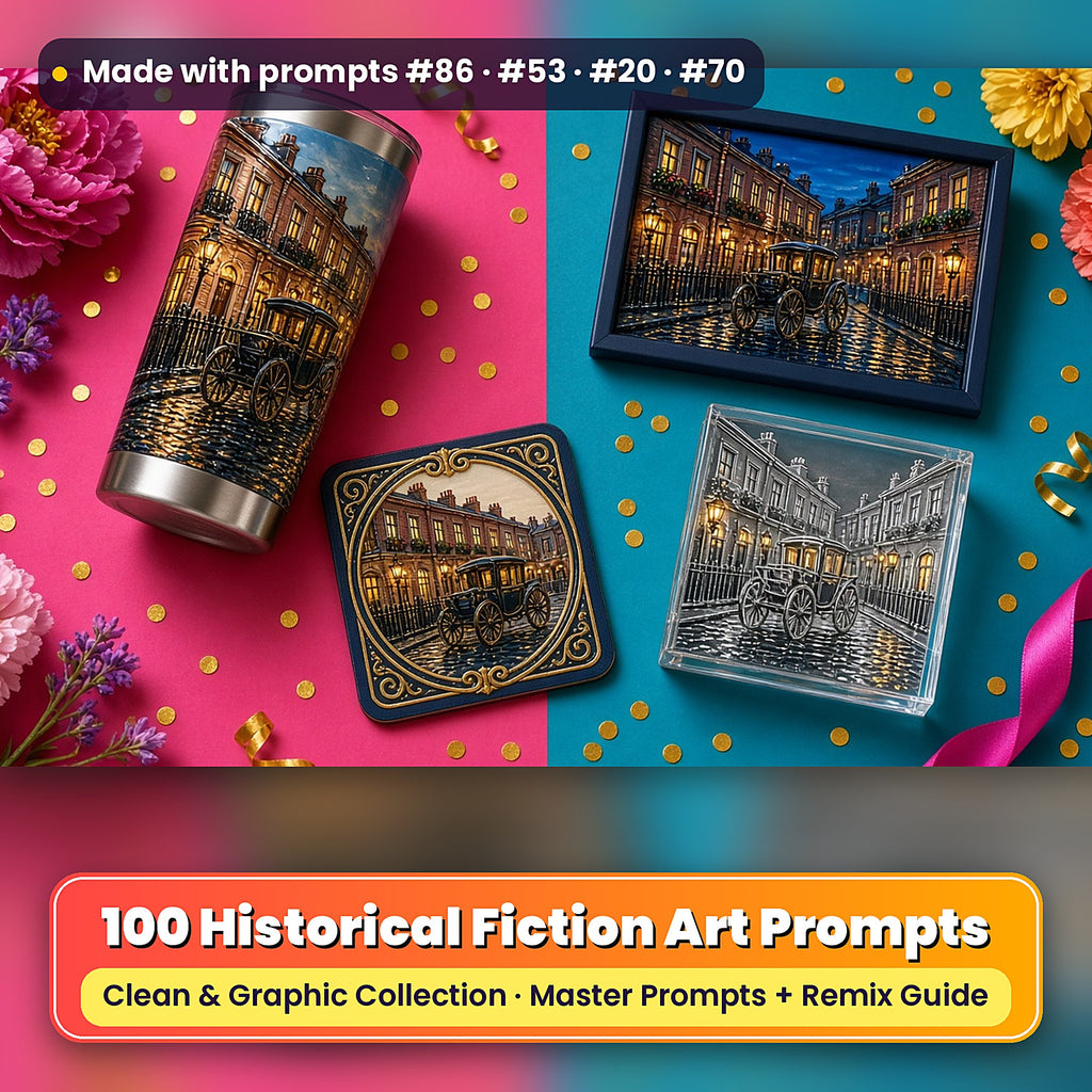 Historical Fiction, Clean & Graphic Collection: Made with prompts #86 · #53 · #20 · #70 – realistic UV-printed mockup