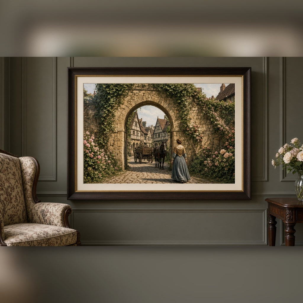 Luxury historical ivy-and-rose stone archway gate opening onto a cobbled street of timber-framed houses with a woman in an 18th-century gown printed flat on a framed print in a sitting room, made with prompt #41
