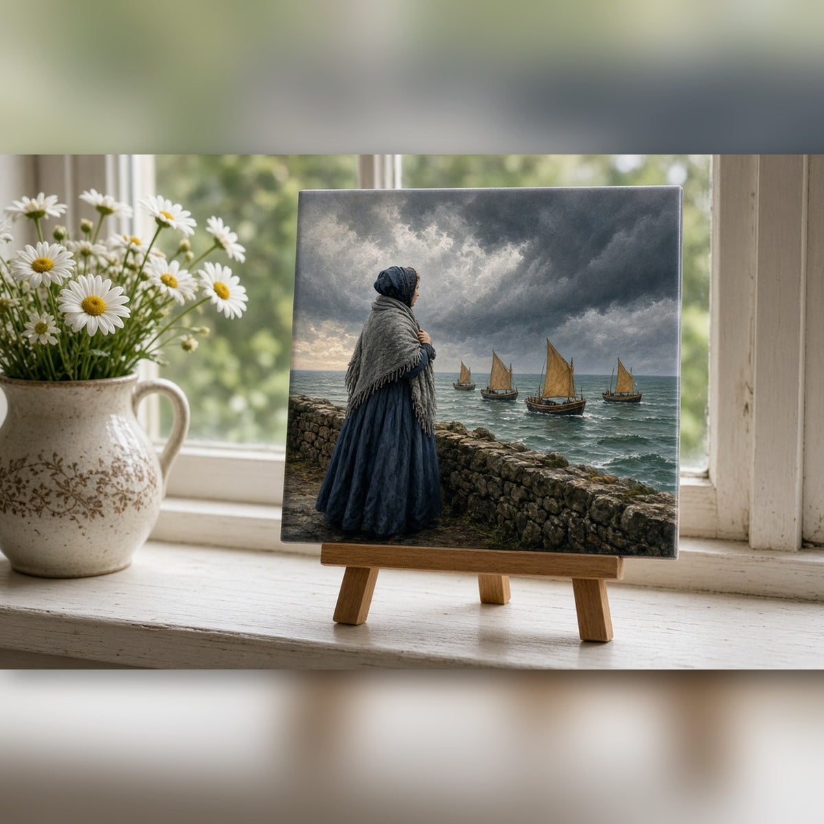 Illustrated Victorian fisherman's wife in a grey shawl on a stone harbour wall as a storm rolls in and sailing boats head home printed flat on a ceramic tile, made with prompt #226