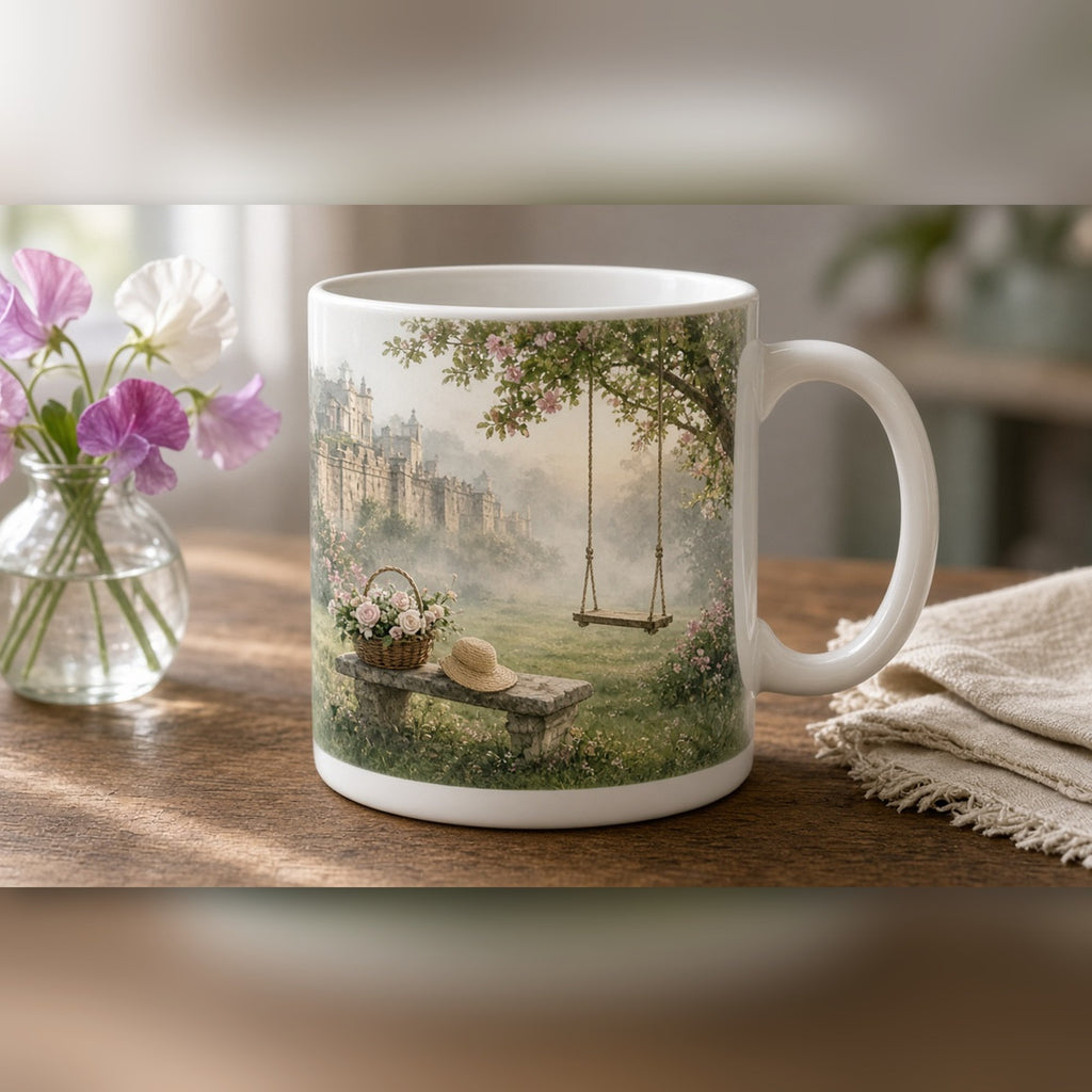 Misty Georgian walled garden at dawn with an empty swing, a straw bonnet and a basket of roses on a stone bench printed flat on a mug, made with prompt #416