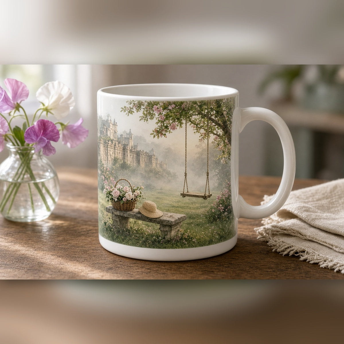 Misty Georgian walled garden at dawn with an empty swing, a straw bonnet and a basket of roses on a stone bench printed flat on a mug, made with prompt #416