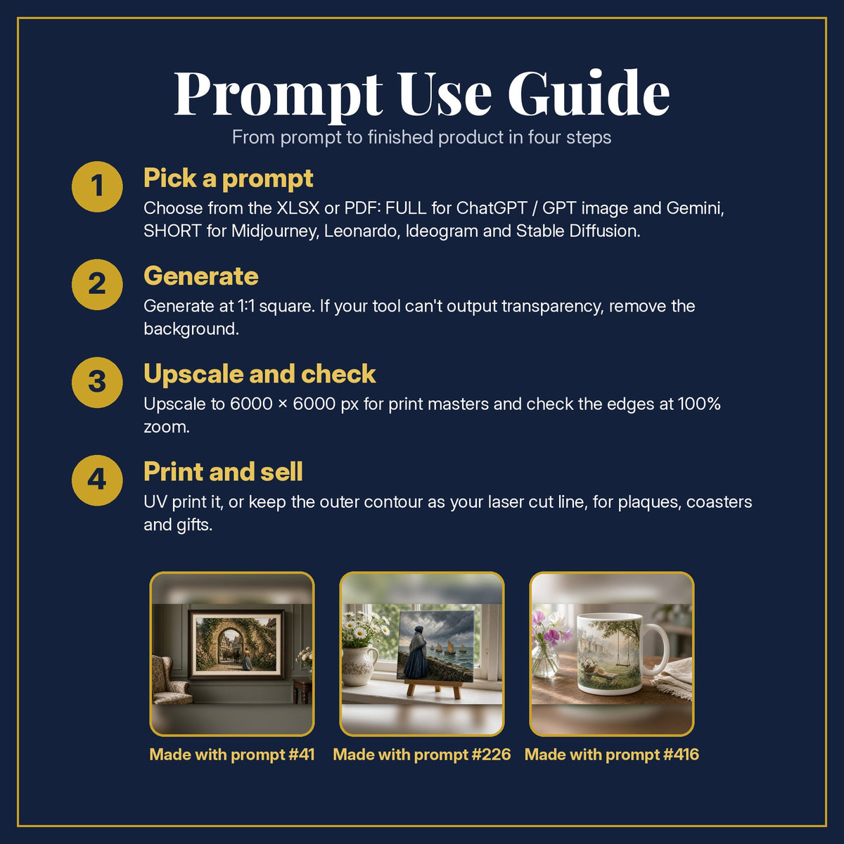 Prompt Use Guide for the Historical Fiction Complete Library: pick a prompt, generate, upscale and check, print and sell, with sample products made with the pack's prompts