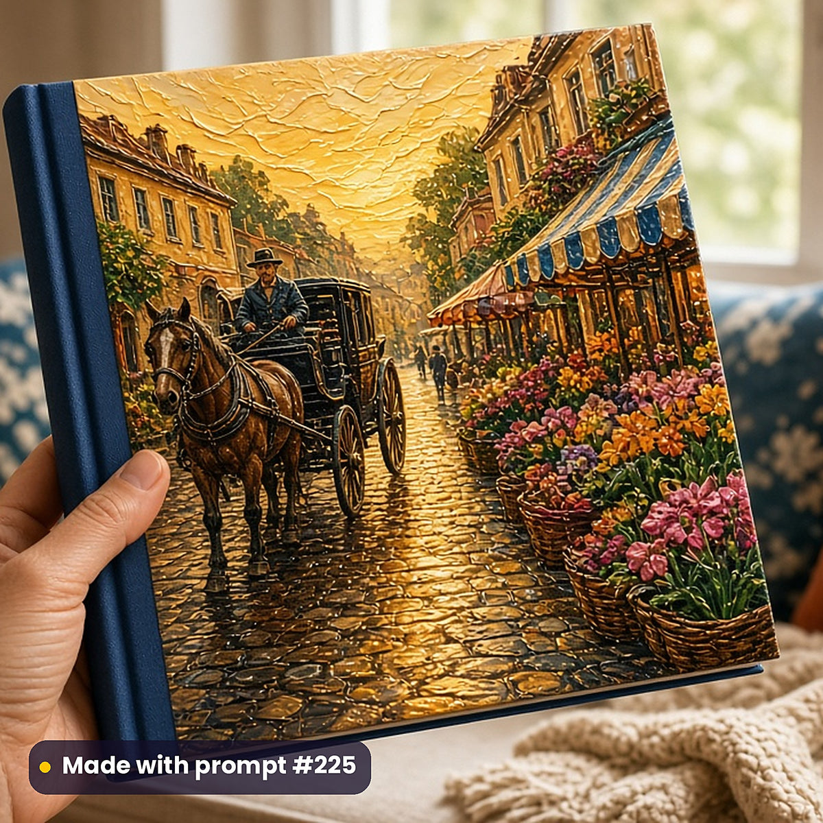 500 Historical Art Prompts Library: Made with prompt #225 – realistic UV-printed mockup (Illustrated Character — Golden Hour)