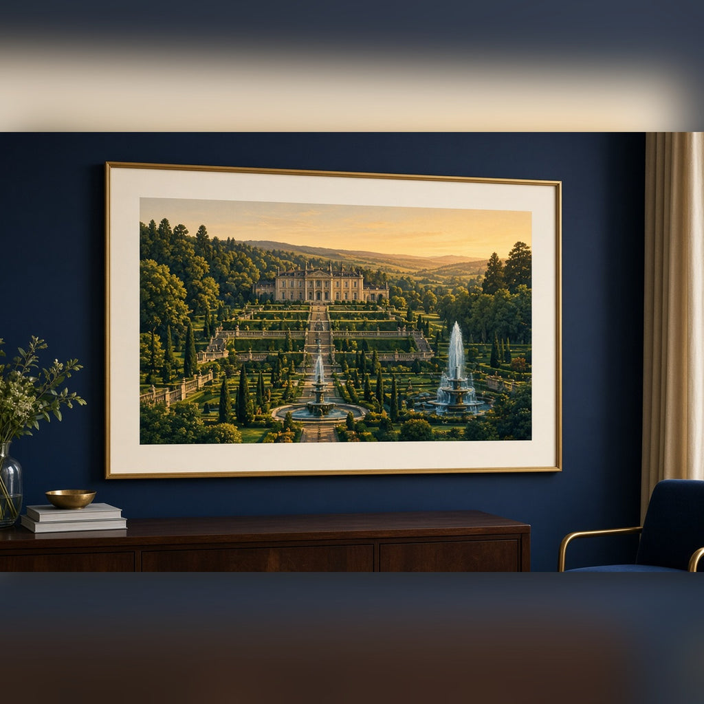Luxury panoramic country estate with terraced formal gardens and fountains at golden hour printed flat on a framed print in a dining room, made with prompt #9