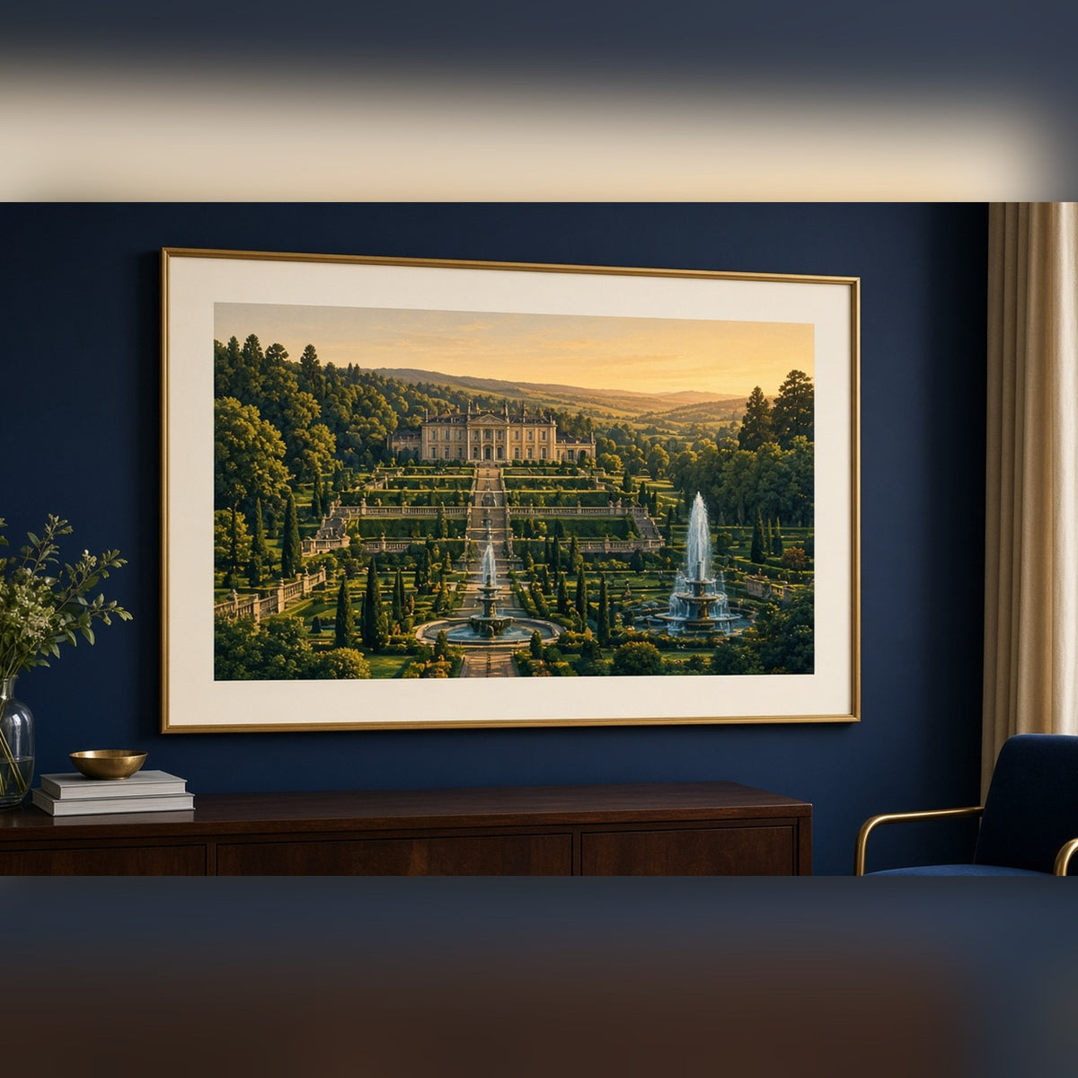 Luxury panoramic country estate with terraced formal gardens and fountains at golden hour printed flat on a framed print in a dining room, made with prompt #9