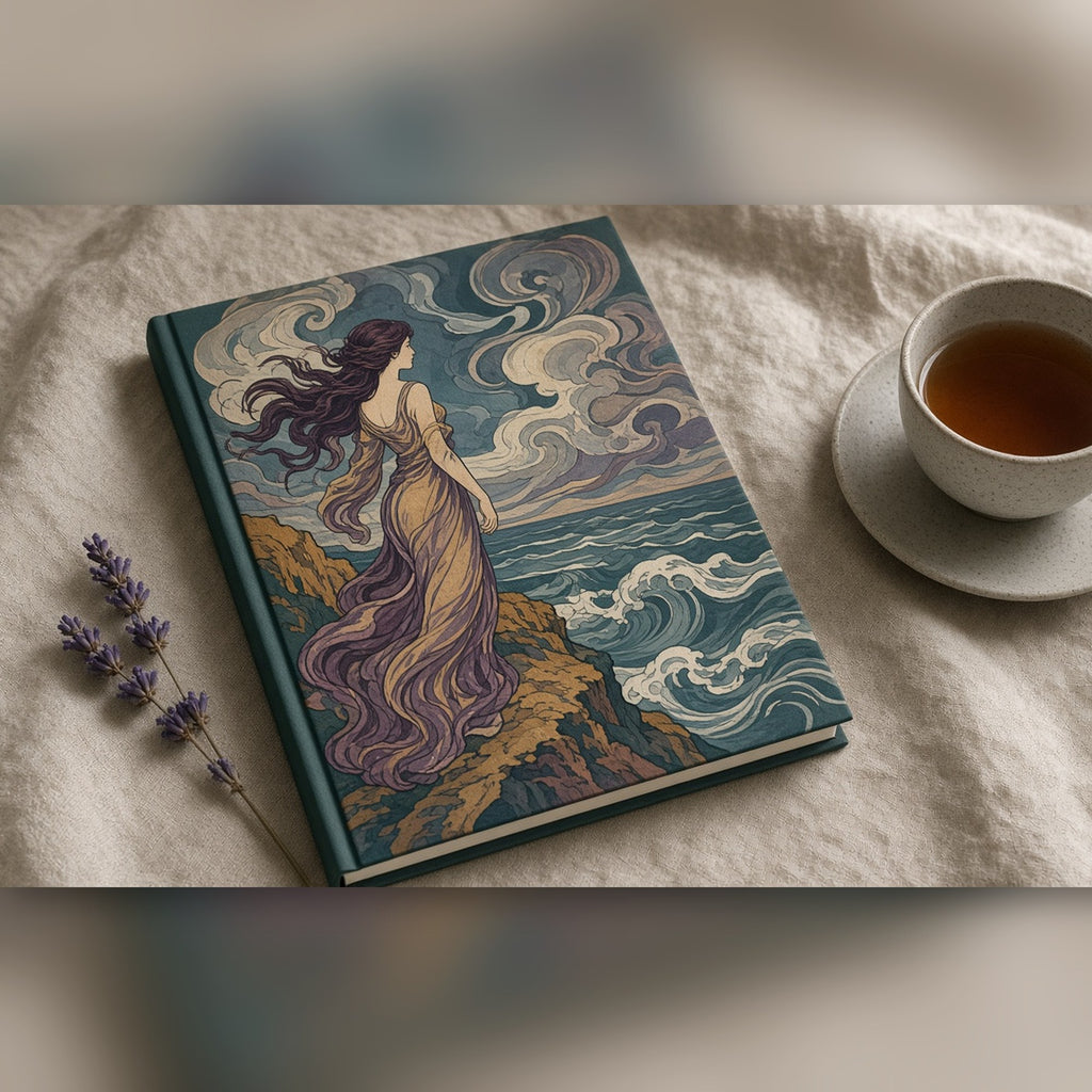 Art Nouveau woman in a flowing gown on a clifftop as a storm sweeps in over the sea printed flat on a notebook, made with prompt #46